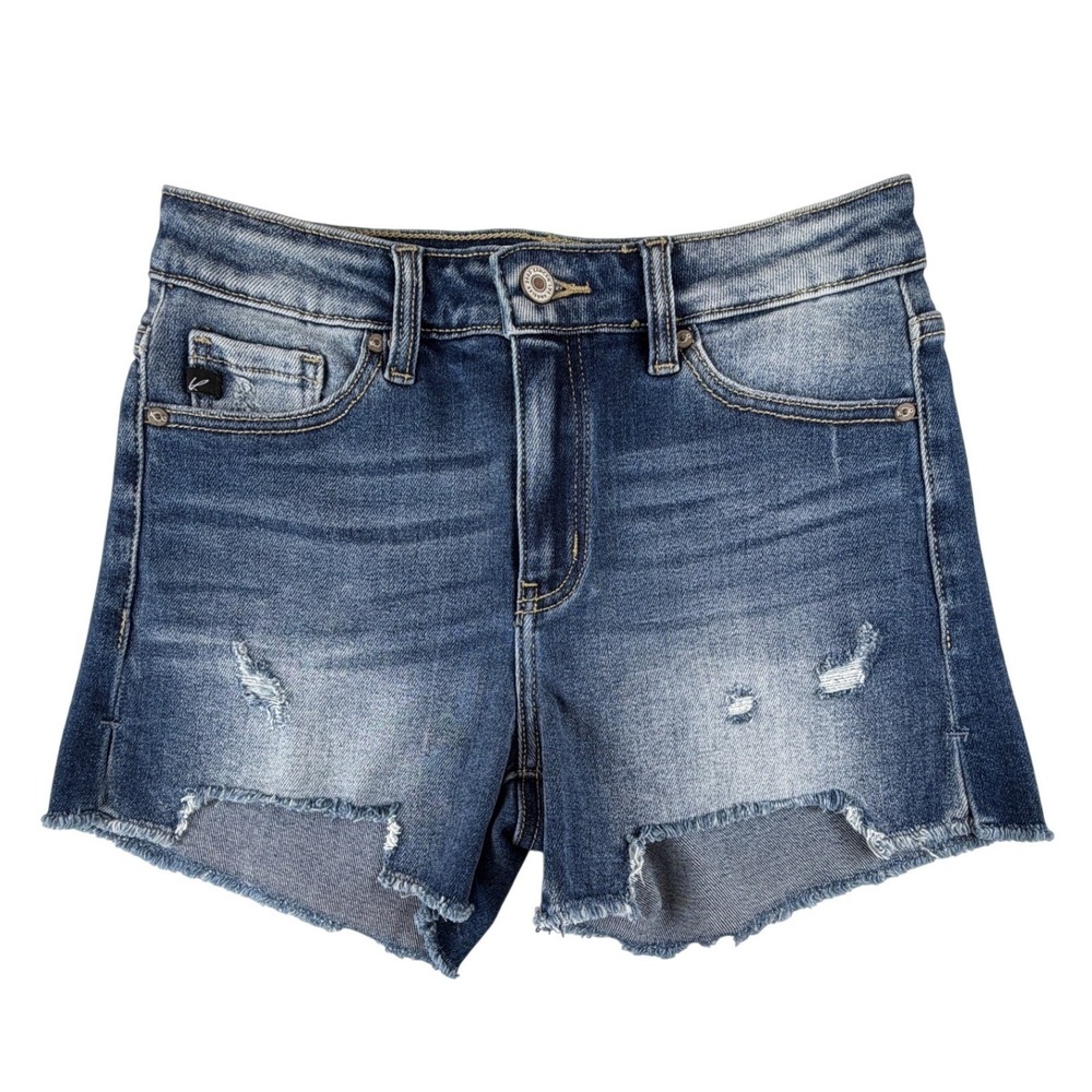Kancan High Rise Distressed Denim Shorts Medium Wash Raw Hem Womens M